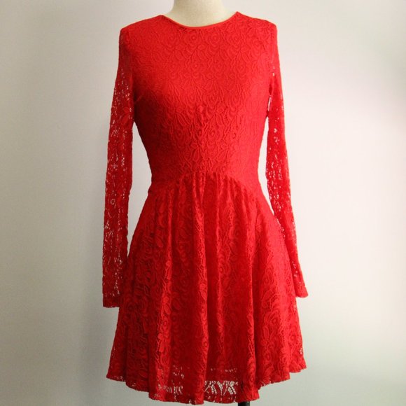 Altar'd State Dresses & Skirts - Long Sleeve Red Lace Crochet Cutout Skater Dress
